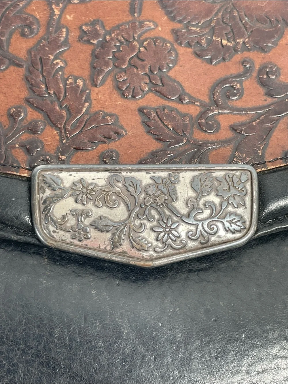 Brighton Vintage Tooled Leather Bifold Wallet in Black and Brown.